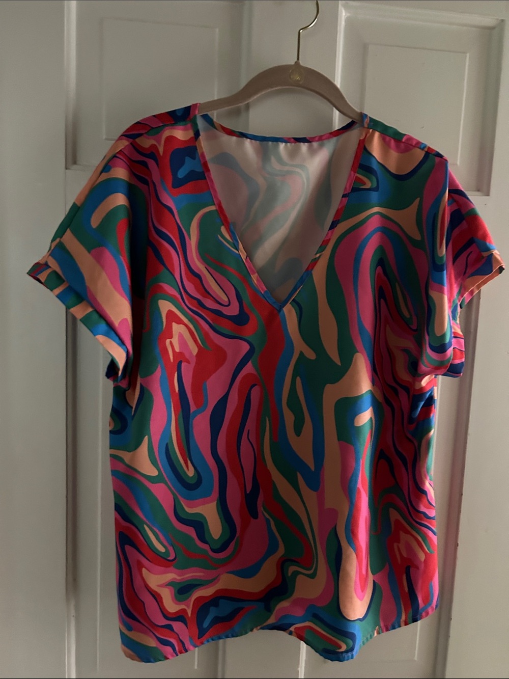 NWOT Source Unknown Colorful Swirl V-Neck Blouse in Pink, Blue, Green, Tan, XL
